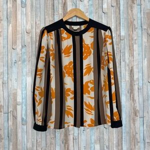 Vintage 10 Mod Floral & Stripe Print Flower Power Top Blouse Button Down 70s